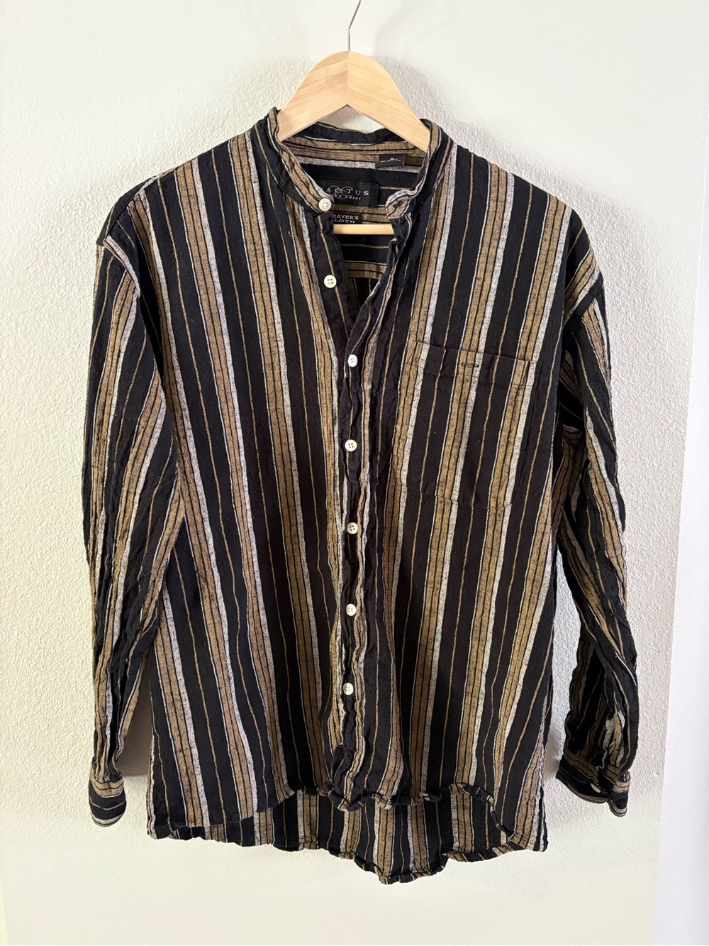 Boho Vertical Stripe Cotton Linen Button-Front Shirt - Black, Tan